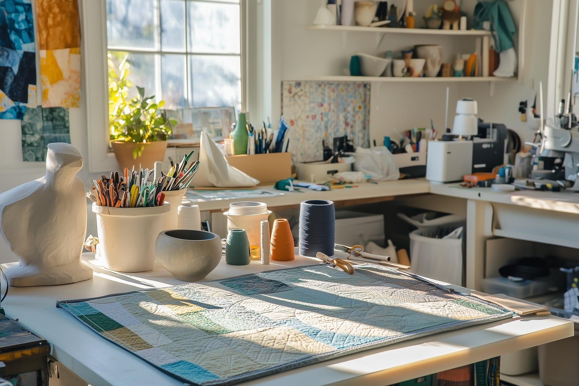 Interno dello studio con tavolo da lavoro e filati